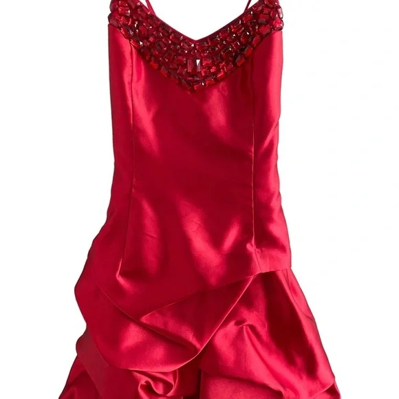 Jessica McClintock for Gunne Sax Red Bubble Dress String Crisscross Back - Picture 3 of 14